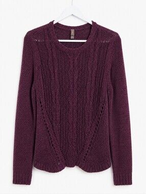 ​Denver Hayes Burgundy Cable Knit Open Weave Long Sleeve Sheer Boho Sweater